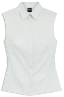Sleeveless slim-fit blouse in a cotton blend, Light Blue