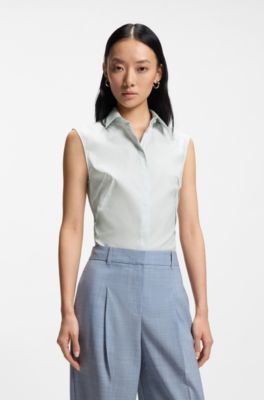 Sleeveless slim-fit blouse in a cotton blend, Light Blue