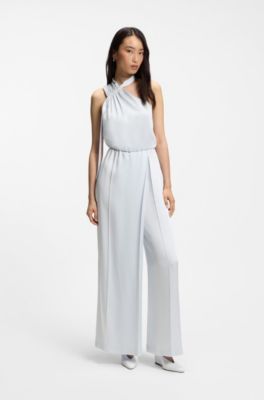 One-shoulder jumpsuit with wrap-effect front, Light Blue