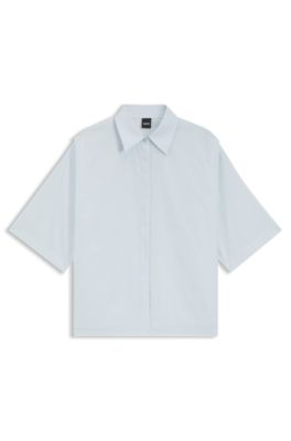 Blusa relaxed fit en popel&iacute;n de algod&oacute;n con cuello en pico, Celeste