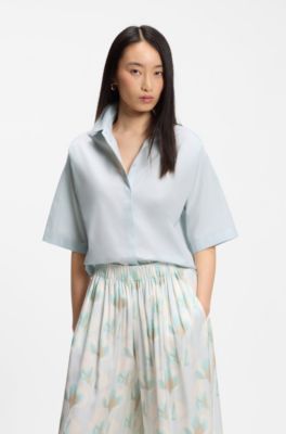 Blusa relaxed fit en popel&iacute;n de algod&oacute;n con cuello en pico, Celeste