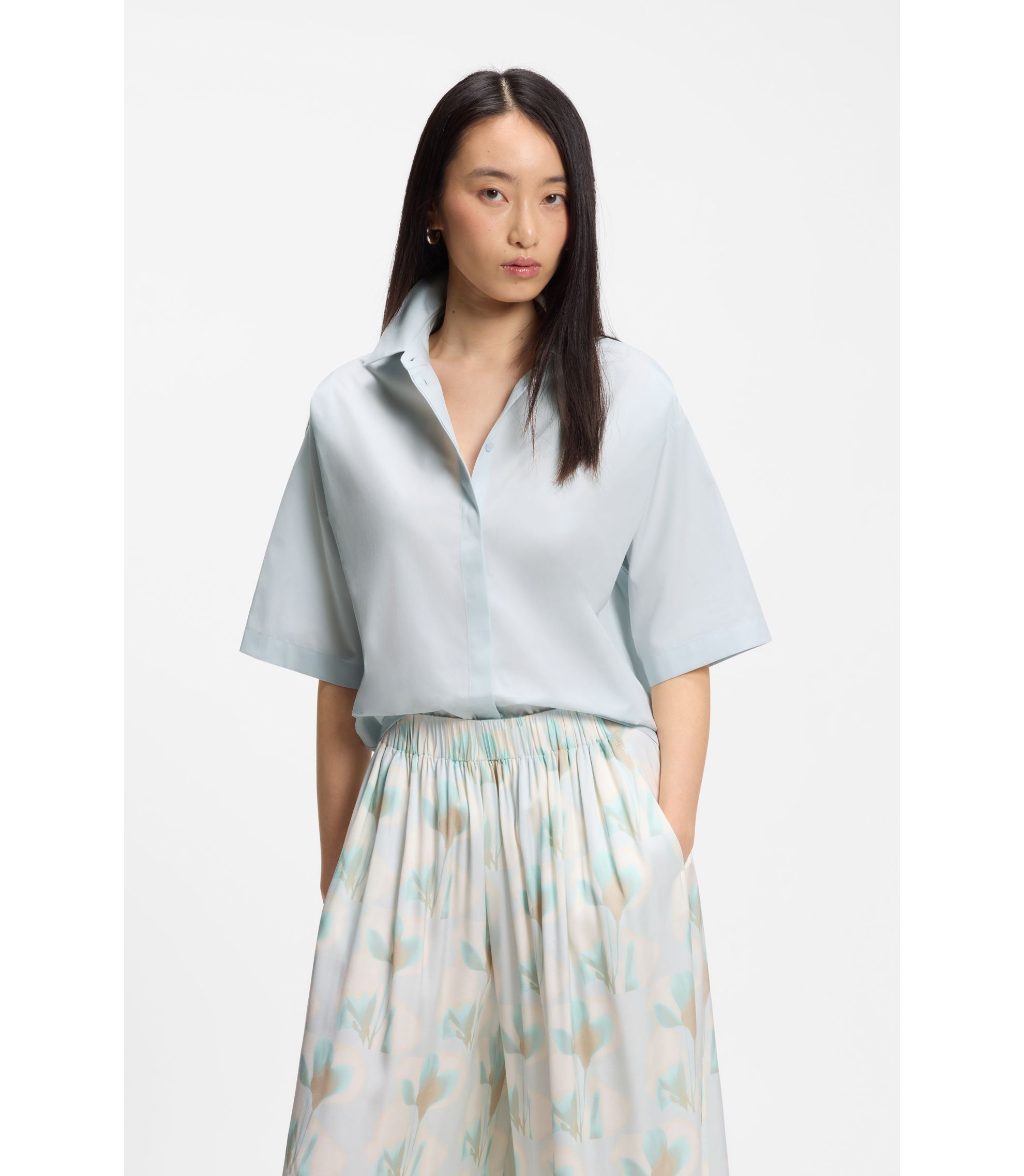 BOSS - Cropped relaxed-fit blouse in cotton poplin - Light Blue