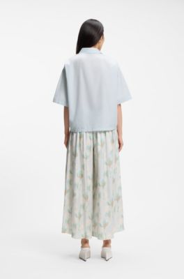 Blusa relaxed fit en popel&iacute;n de algod&oacute;n con cuello en pico, Celeste