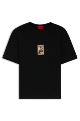 Embroidered-badge T-shirt in cotton terry, Black
