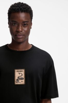 T-shirt en jersey de coton avec badge brod&eacute;, Noir