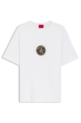 T-shirt en jersey de coton avec badge brod&eacute;, Blanc