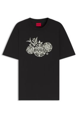 T-shirt en jersey de coton &agrave; motif artistique brod&eacute;, Noir