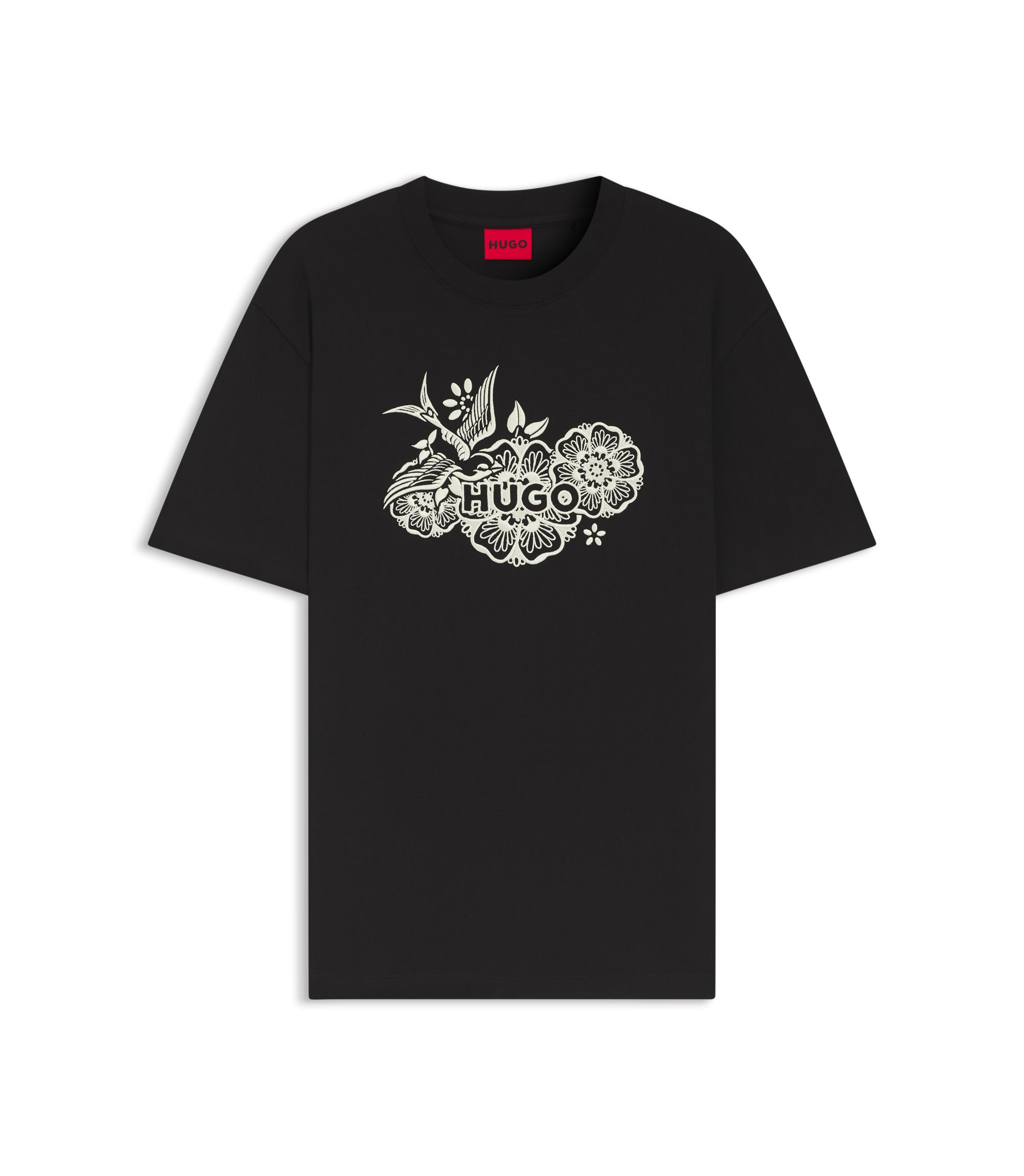 トップス 50s BlackRayon Shirt HUGO - Cotton-jersey T-shirt with embroidered artwork - Black