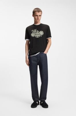 T-shirt en jersey de coton &agrave; motif artistique brod&eacute;, Noir