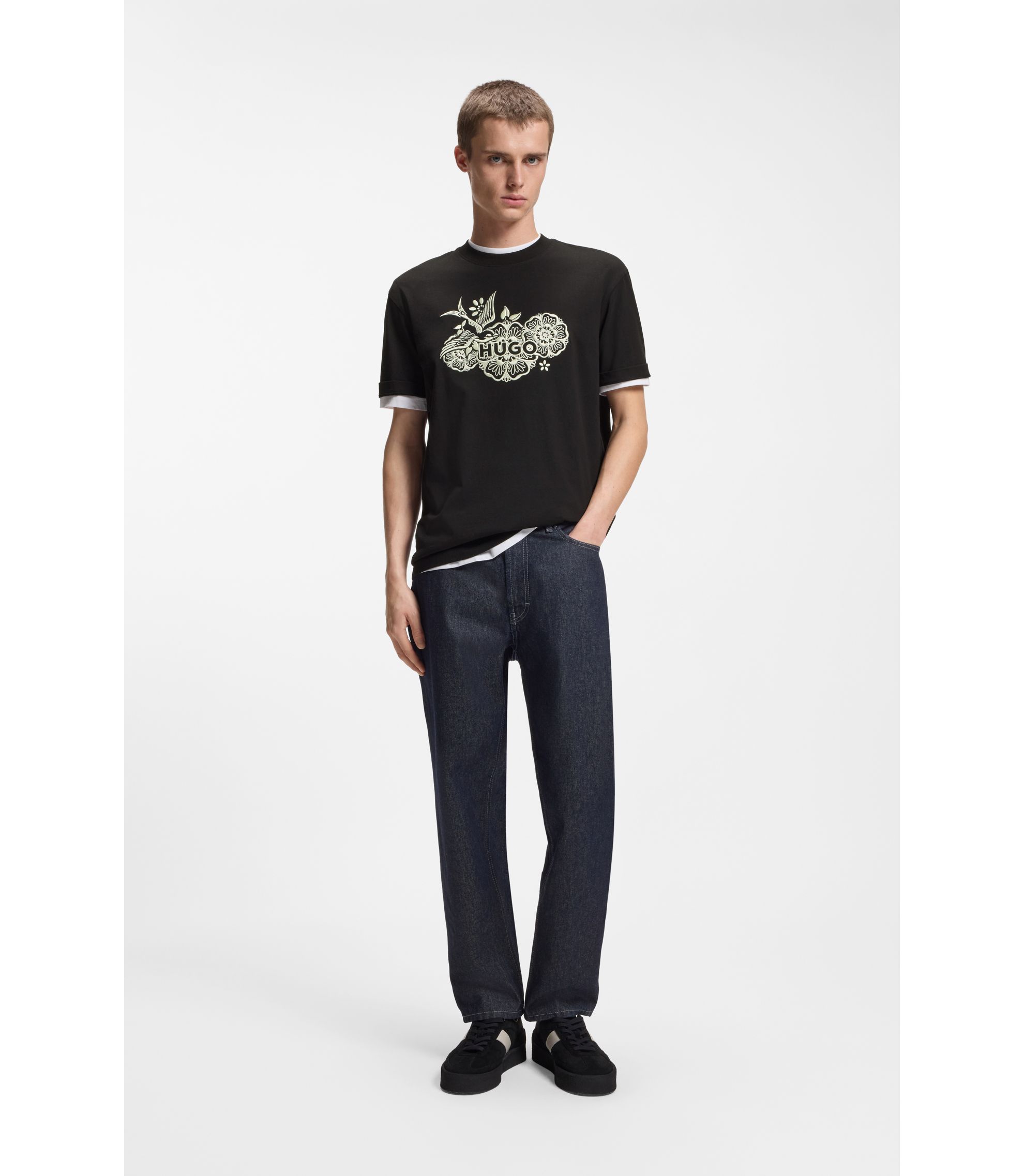 HUGO - Cotton-jersey T-shirt with embroidered artwork - Black