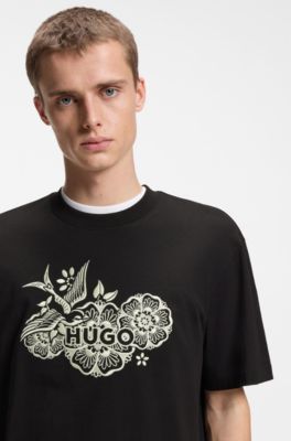 Camiseta de punto de algod&oacute;n con ilustraci&oacute;n bordada, Negro