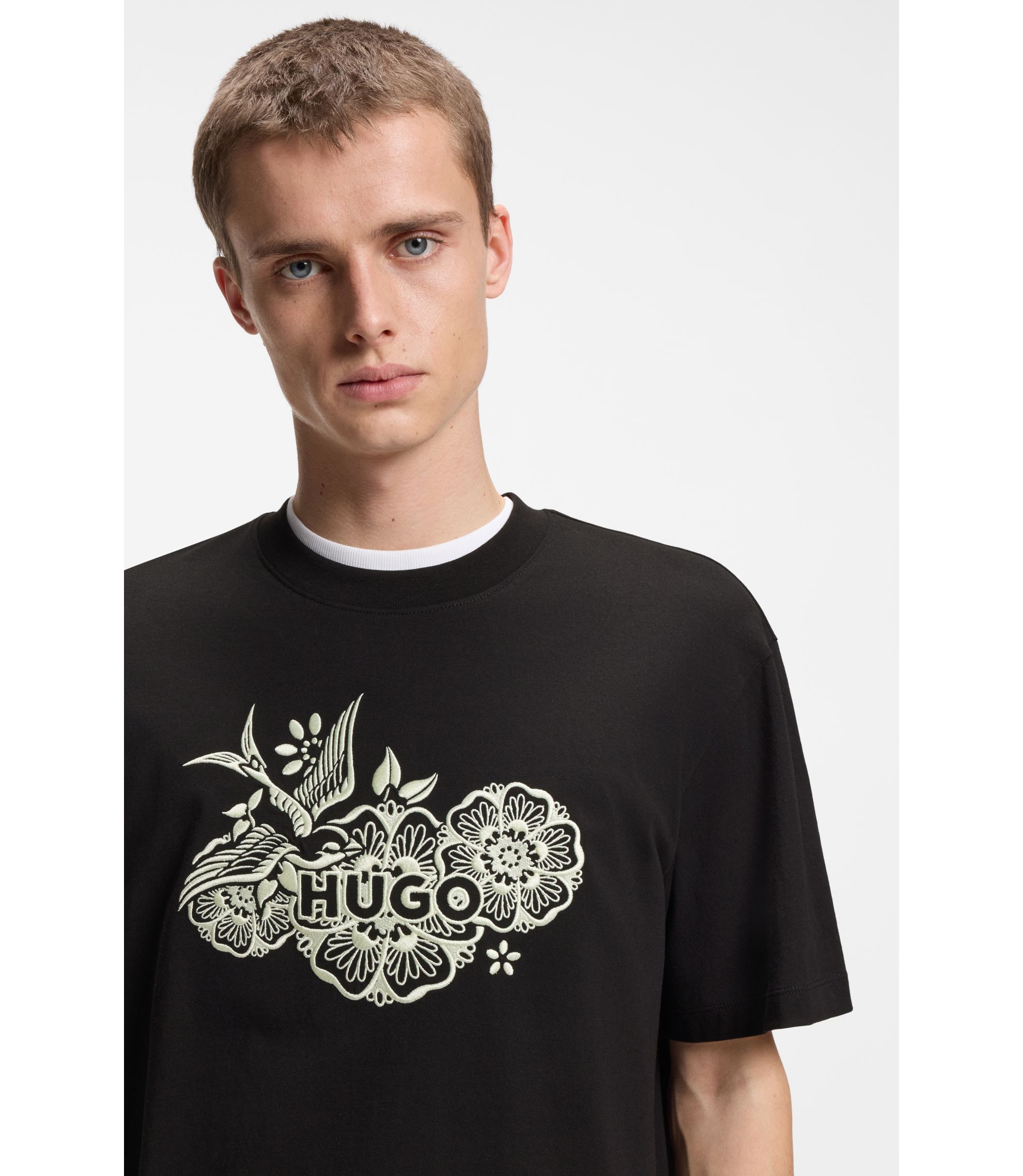 HUGO - Cotton-jersey T-shirt with embroidered artwork - Black