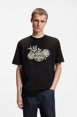T-shirt en jersey de coton &agrave; motif artistique brod&eacute;, Noir