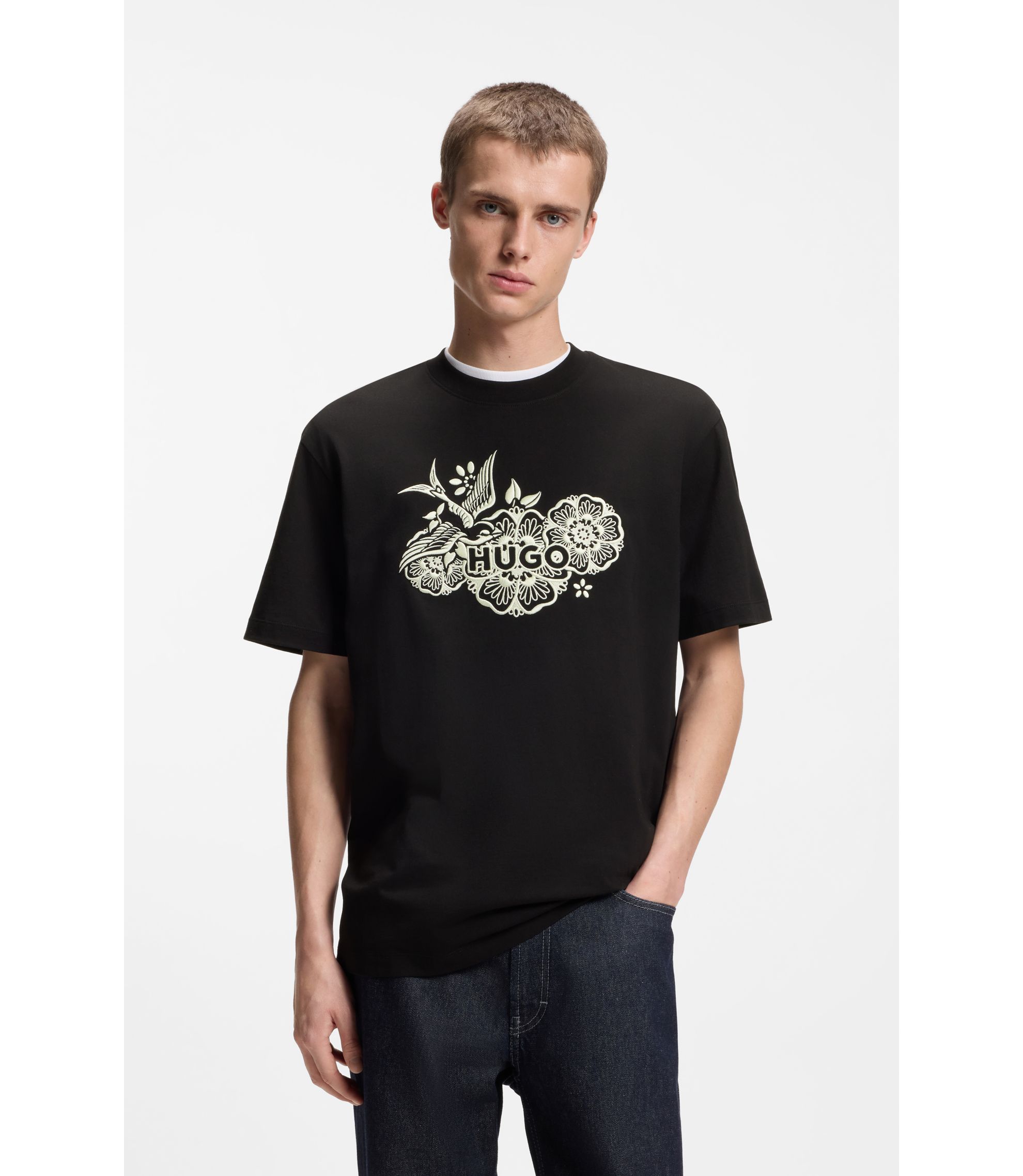 HUGO - Cotton-jersey T-shirt with embroidered artwork - Black