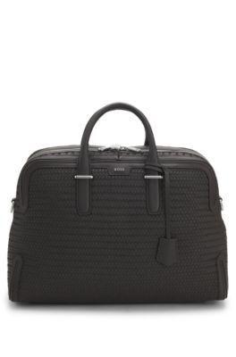 Bolsa de viaje de piel tejida con logo plateado, Marr&oacute;n oscuro