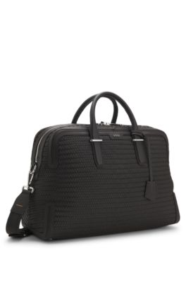 Bolsa de viaje de piel tejida con logo plateado, Marr&oacute;n oscuro