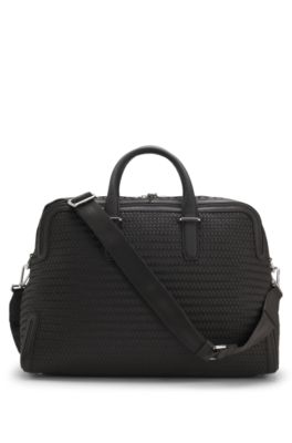 Bolsa de viaje de piel tejida con logo plateado, Marr&oacute;n oscuro