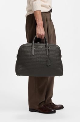 Bolsa de viaje de piel tejida con logo plateado, Marr&oacute;n oscuro