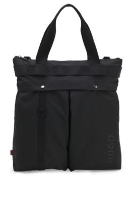 Bolso tote de tejido antidesgarros con letras de logo, Negro
