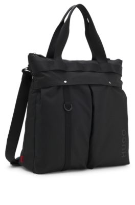 Bolso tote de tejido antidesgarros con letras de logo, Negro