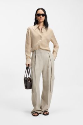 Pantalones regular fit en mezcla de lino con motivo de espiga, Fantas&iacute;a