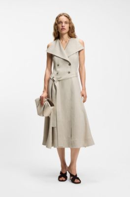Double-breasted wrap dress in a herringbone linen blend, Patterned