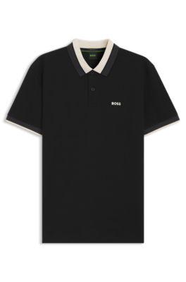 Polo en piqu&eacute; de coton avec col &agrave; rayures, Noir