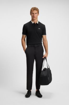 Polo en piqu&eacute; de coton avec col &agrave; rayures, Noir