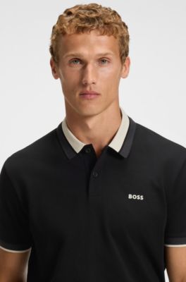 Polo de piqu&eacute; de algod&oacute;n con cuello de rayas, Negro