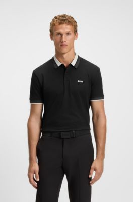 Stripe-collar polo shirt in cotton piqu&eacute;, Black