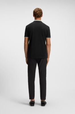 Stripe-collar polo shirt in cotton piqu&eacute;, Black