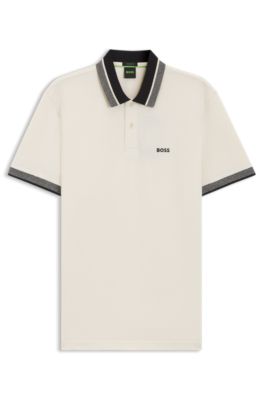 Polo de piqu&eacute; de algod&oacute;n con cuello de rayas, Blanco