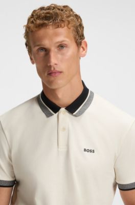 Polo de piqu&eacute; de algod&oacute;n con cuello de rayas, Blanco