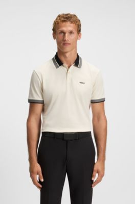 Polo de piqu&eacute; de algod&oacute;n con cuello de rayas, Blanco