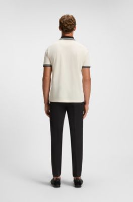 Stripe-collar polo shirt in cotton piqu&eacute;, White