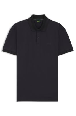 Polo de piqu&eacute; de algod&oacute;n con cuello de rayas, Azul oscuro