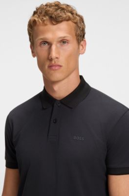 Stripe-collar polo shirt in cotton piqu&eacute;, Dark Blue