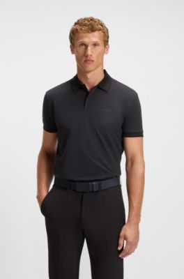 Stripe-collar polo shirt in cotton piqu&eacute;, Dark Blue