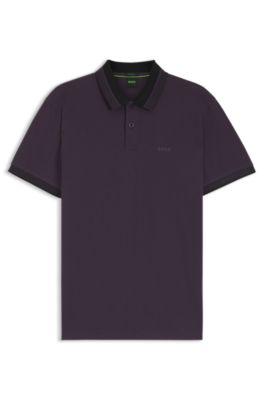 Stripe-collar polo shirt in cotton piqu&eacute;, Purple