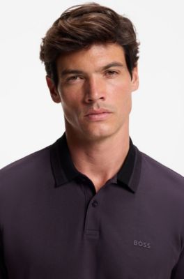 Stripe-collar polo shirt in cotton piqu&eacute;, Purple