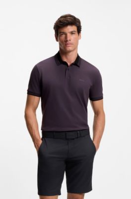 Stripe-collar polo shirt in cotton piqu&eacute;, Purple