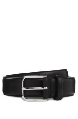 Leather business belt with polished silver buckle, Black