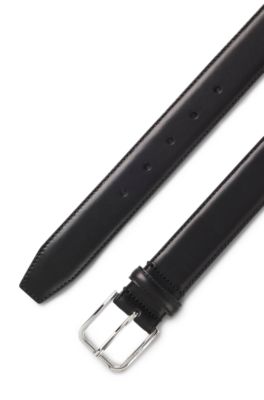 Leather business belt with polished silver buckle, Black