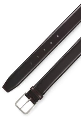 Cintur&oacute;n business de piel con hebilla plateada pulida, Marr&oacute;n oscuro