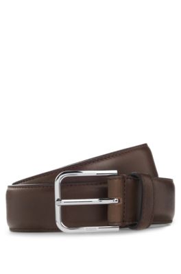 Leather business belt with polished silver buckle, Dark Brown