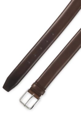 Leather business belt with polished silver buckle, Dark Brown