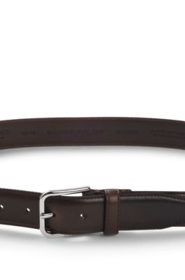 Leather business belt with polished silver buckle, Dark Brown