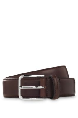 Leather business belt with polished silver buckle, Dark Brown
