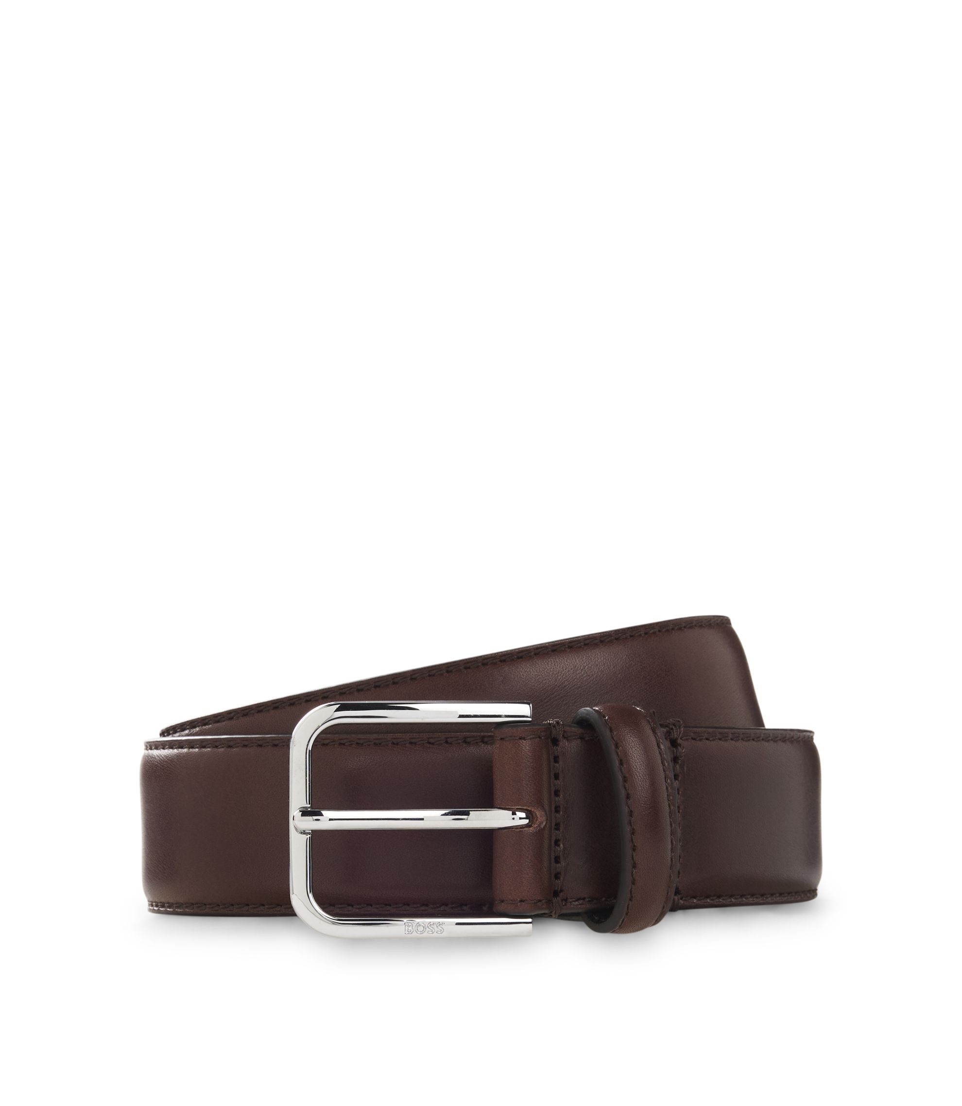 BOSS - Leather business belt with polished silver buckle - Dark Brown