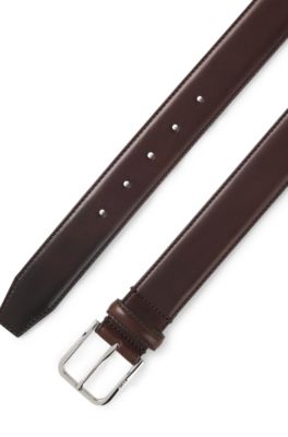 Leather business belt with polished silver buckle, Dark Brown